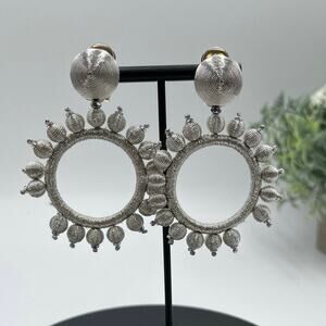 Oscar de la Renta Silver‎ Embellished Circular Mirror Door Knocker Clip Earrings